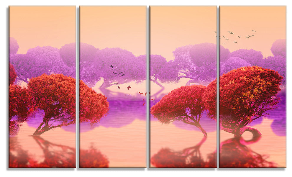 Red and Purple Japanese Gardens, Large Landscape Canvas Print, 48"x28", 4 Panels