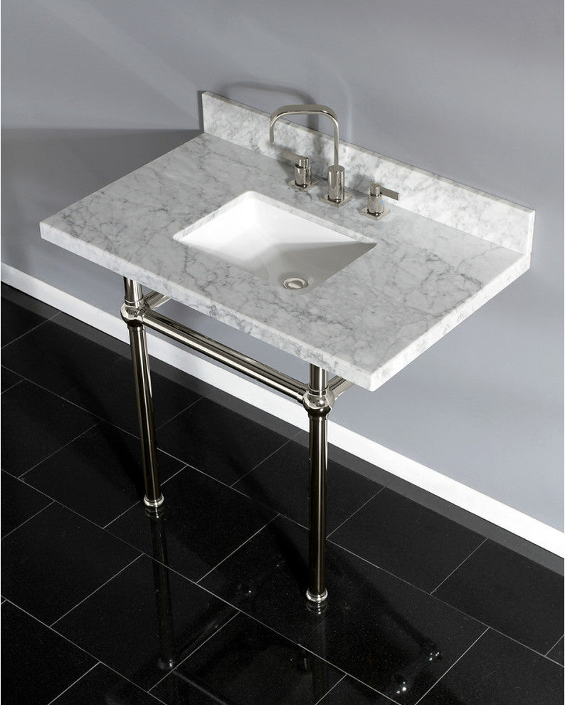 36X22 Marble Vanity Top w/Brass Console Legs, Carrara Marble/Polished Nickel