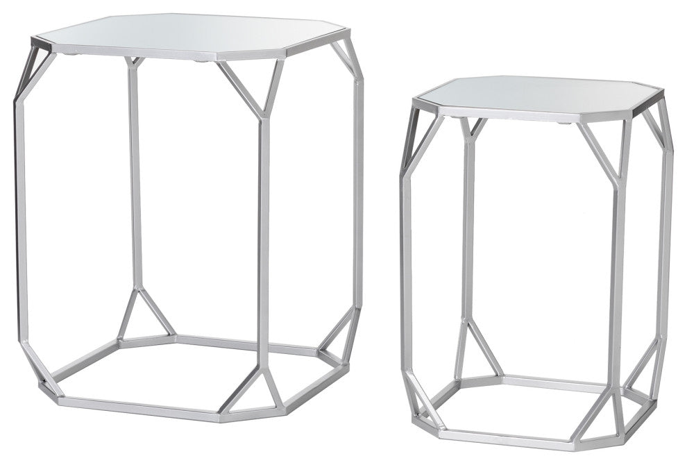 Metal WithGlass Accent Table, Set of 2, Silver