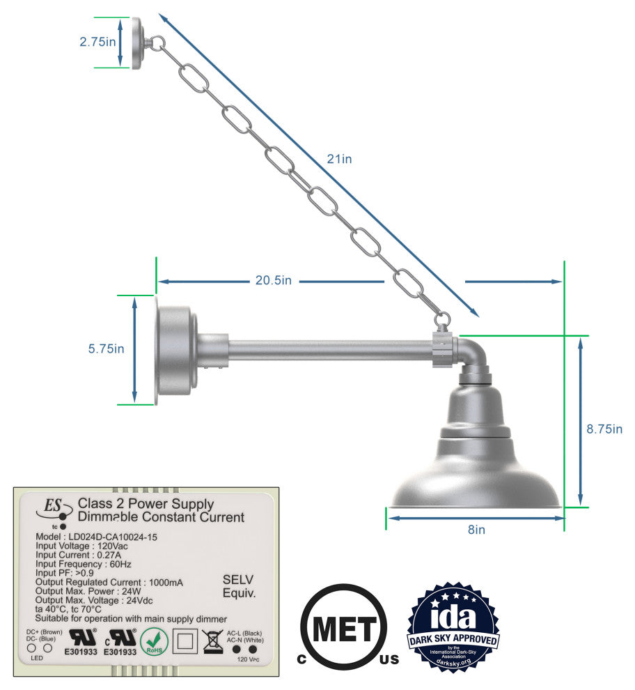 Gooseneck Barn Light With Metropolitan Arm With Chain, Galvanized Silver, 8"