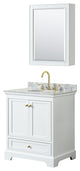 30" Single Bath Vanity White, Carrara Countertop, Sink, Gold Trim, Med. Cabinet