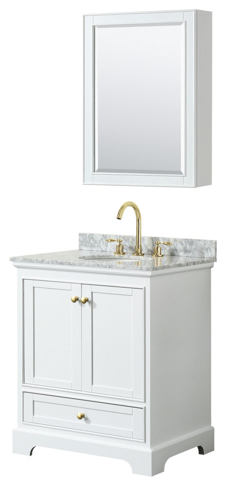 30" Single Bath Vanity White, Carrara Countertop, Sink, Gold Trim, Med. Cabinet