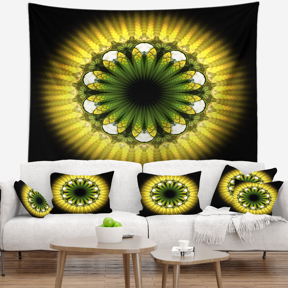 Black Yellow Fractal Flower Pattern Abstract Wall Tapestry, 39"x32"