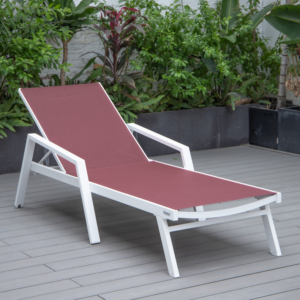 LeisureMod Marlin Patio Chaise Lounge Chair With Arms White Frame, Burgundy