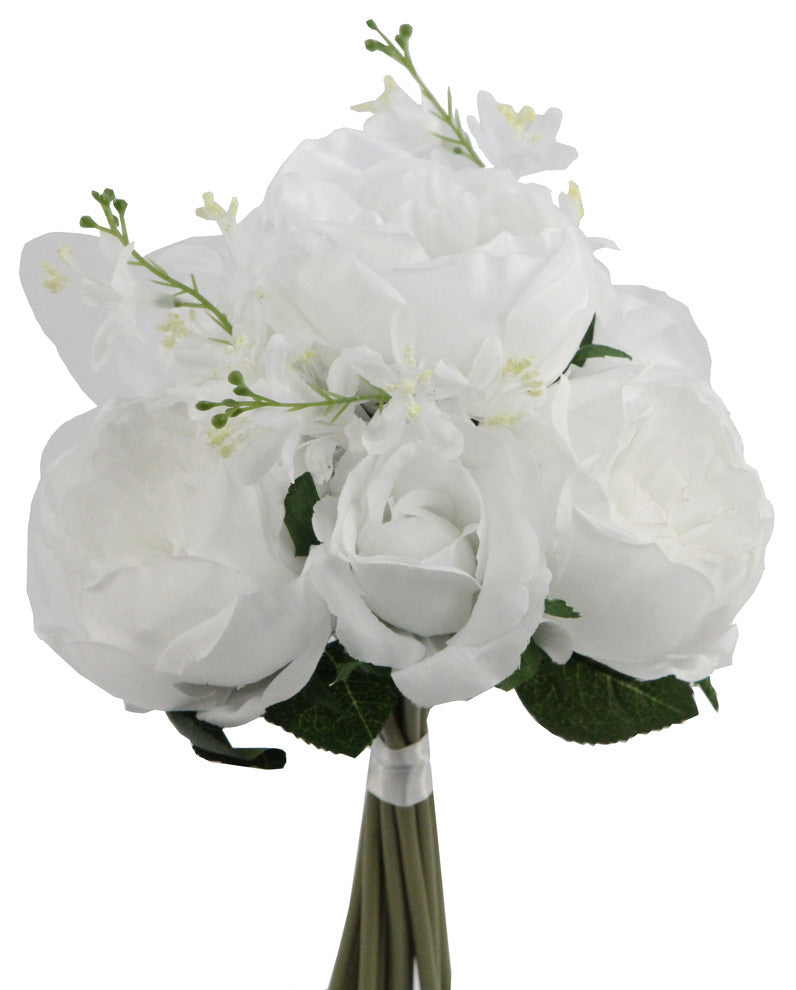10 Stems Faux English Rose and Rose Bud Bouquet, White