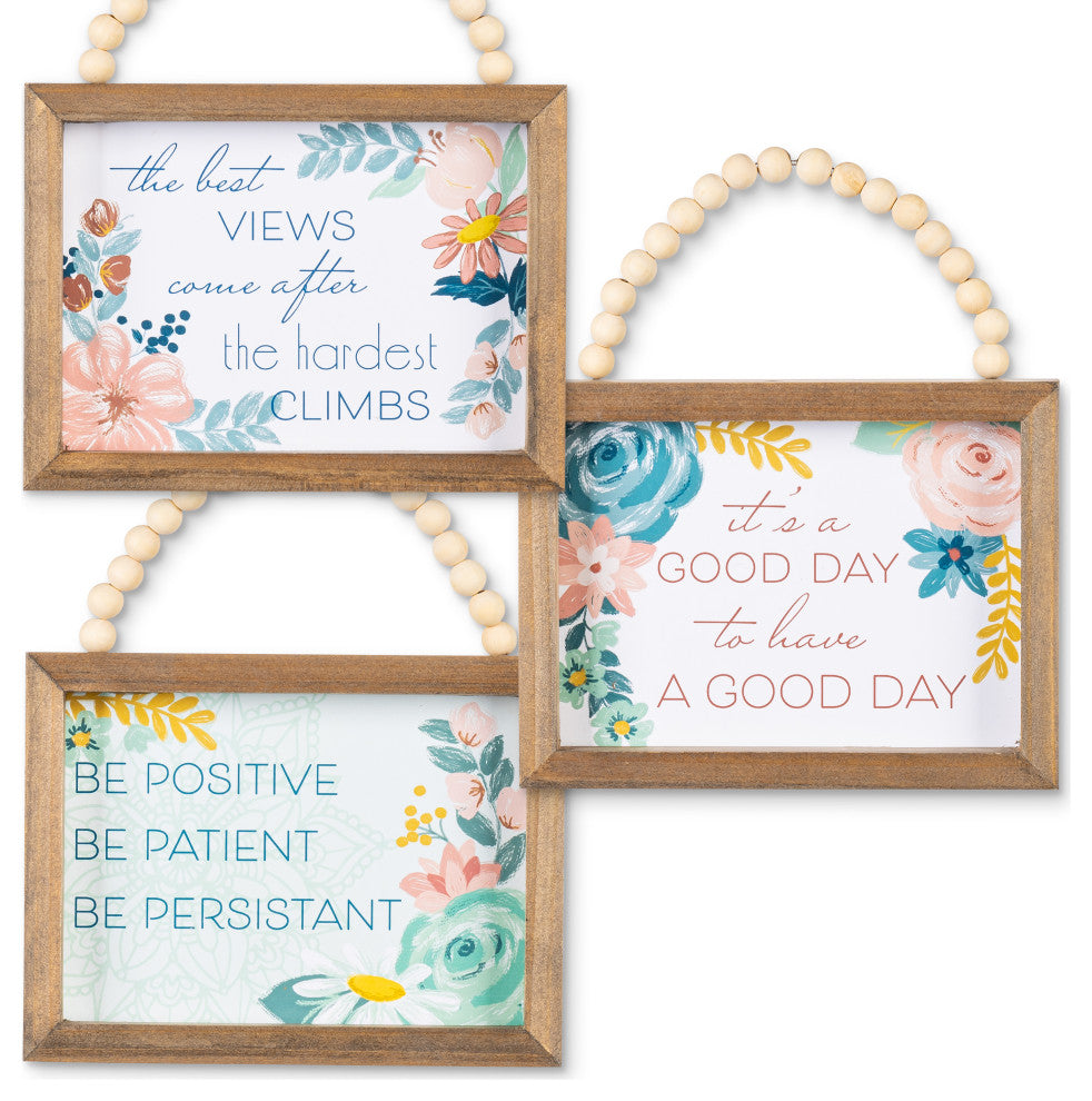 Set of 3, 7.88" Inspirational Wood Wall Art, Beaded Hanging Handles