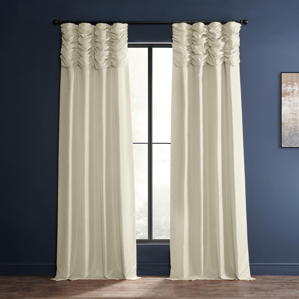 Ruched Vintage Faux Dupioni Silk Curtain Single Panel, Off White, 50" X 96"
