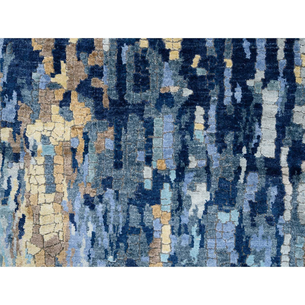 Denim Blue Hand Knotted, Mosaic Design Wool and Silk Runner Rug, 2'8" x 9'9"