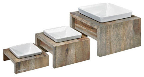 Artisan Rubberwood Single Elevated Dog Bowl Feeder, Fossil, Xsmall