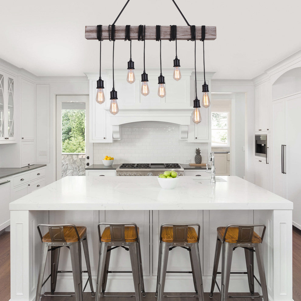 8 Light Wooden Rope Kitchen Island Linear Pendant