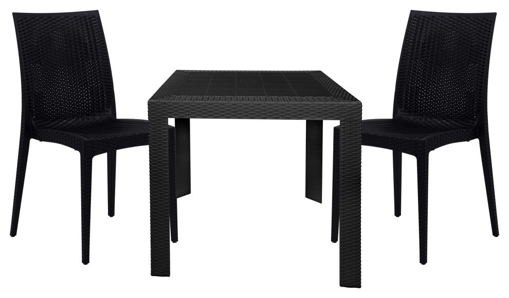 LeisureMod Mace Mid-Century 3-Piece Outdoor Patio Dining Set, Black