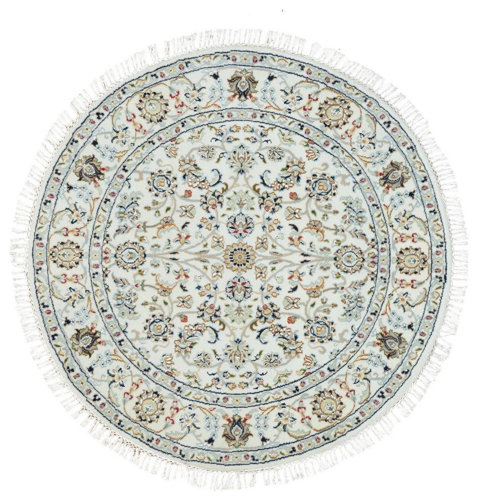 Powder White Nain Design 250 KPSI 100% Wool Hand Knotted Round Rug 3'9"x3'9"