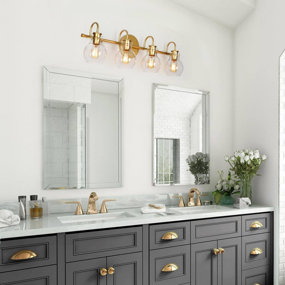 LNC Modern Clear Glass-Bell Shade Bathroom Vanity Light, Matte Gold, 4 Lights