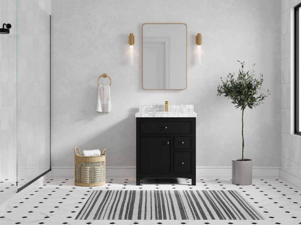 Sonoma 30 Single Sink Reeded Bath Vanity in Black 2" Carrara Marble
