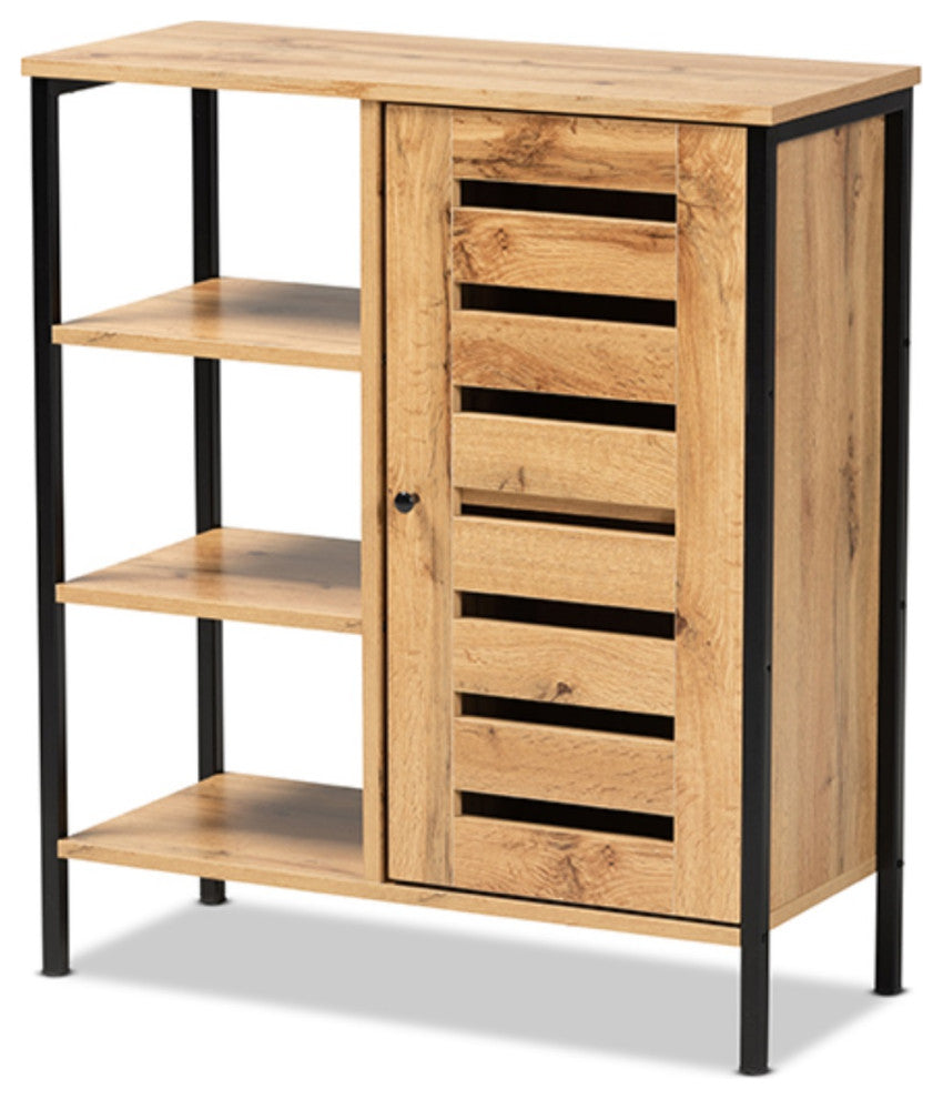 Oak Brown Finished Wood and Black Finished Metal 1-Door Shoe Storage Cabinet
