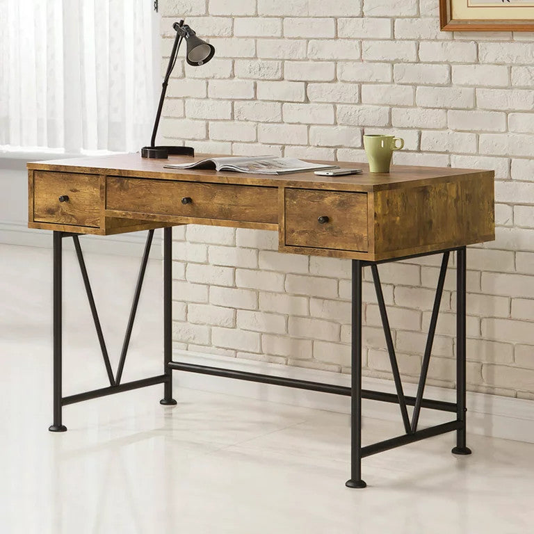 Rustic Industrial Desk, 2 Side Small Drawers & Center Large Drawer, Black/Oak