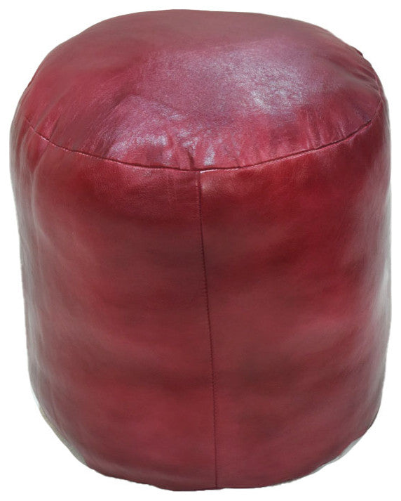 Pouf-Solid Handmade Leather Pouf (Recycled Foam with Fiber Fill), Dark Pink, (Round)18x18x18