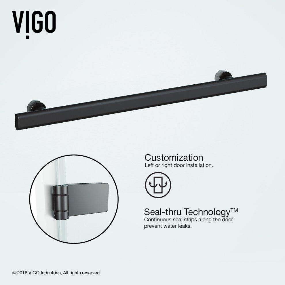 VIGO Orion 34" W x 58" H Frameless Hinged Tub Door, Matte Black, Clear Glass