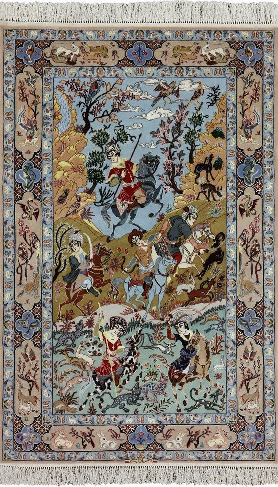 Hunting Scene Wool and Silk Authentic Signed Persian Isfahan Rug, 4'x7'