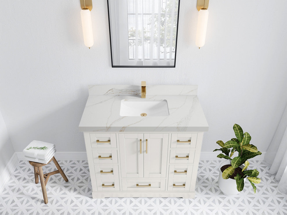 Boston 42" Single Sink Bath Vanity in Alabaster 2" Calacatta Sienna