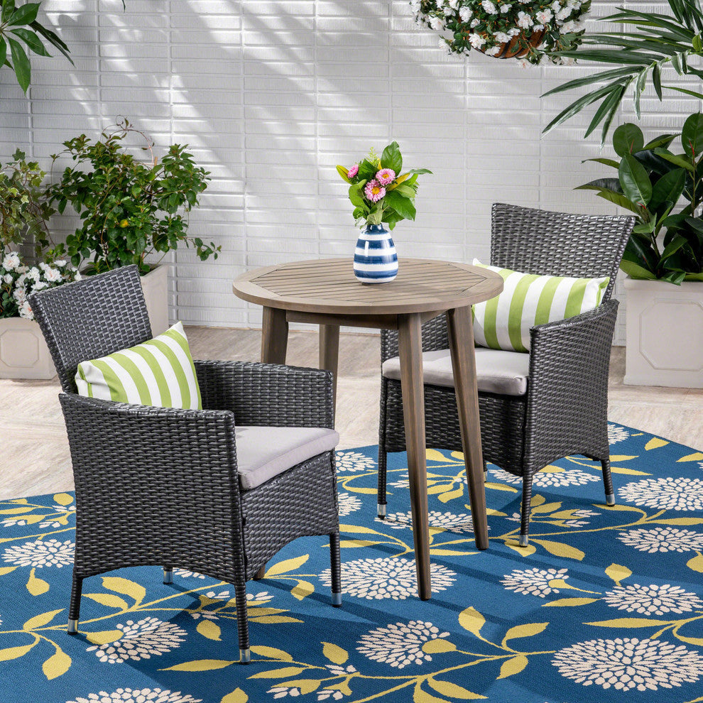 GDF Studio 3-Piece Vann Outdoor Wood and Wicker Bistro Set, Gray/Gray/Silver