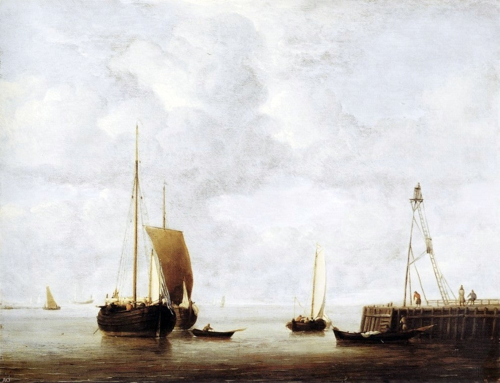 The Younger Willem Van de Velde A Dutch Hoeker at Anchor near a Pier Wall Decal