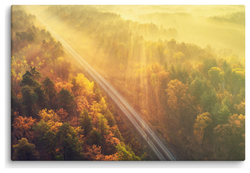 Sunrise Railroad Misty Forest Golden Haze Landscape Photo Canvas Art Print, 24" X 36"