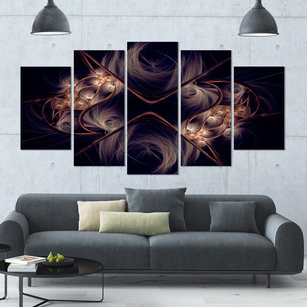 Dark Gold Fractal Flower Pattern, Abstract Wall Art Canvas, 60"x32", 5 Panels