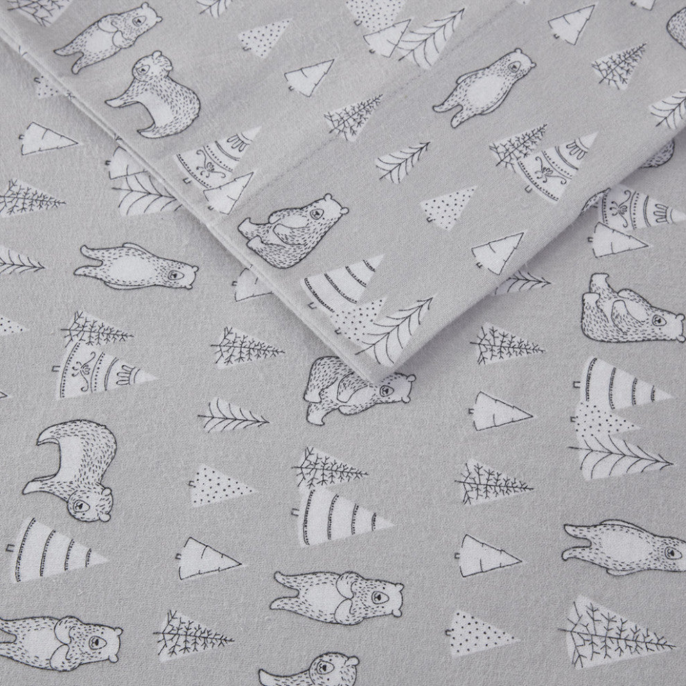 True North by Sleep Philosophy Cotton Flannel Kids Sheet Set, Grey Bears