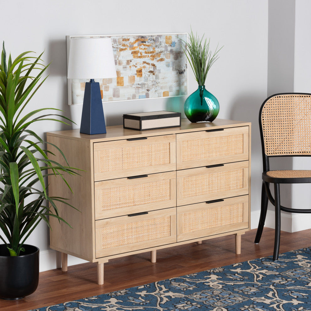 Harrison Natural Brown Finished Wood and Natural Rattan 6-Drawer Storage Cabinet