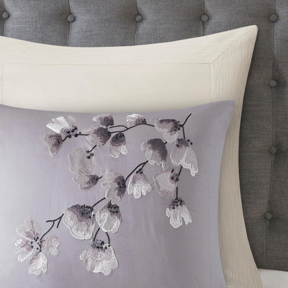 N Natori Sakura Blossom 3 Piece Cotton Sateen Printed Duvet Cover Set, Lilac