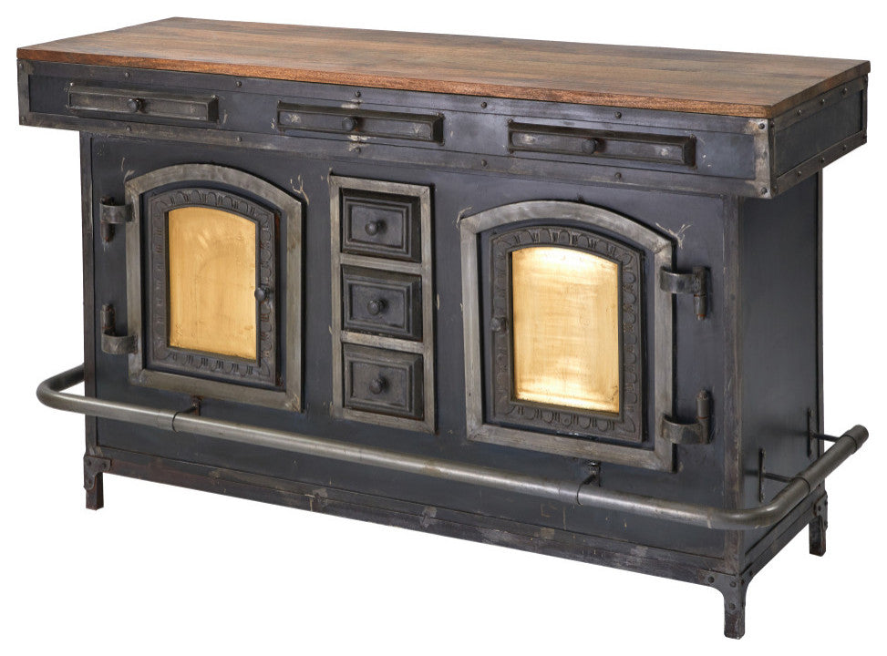 70" Steampunk Industrial Home Bar Island Counter Top Cabinet with Footrest