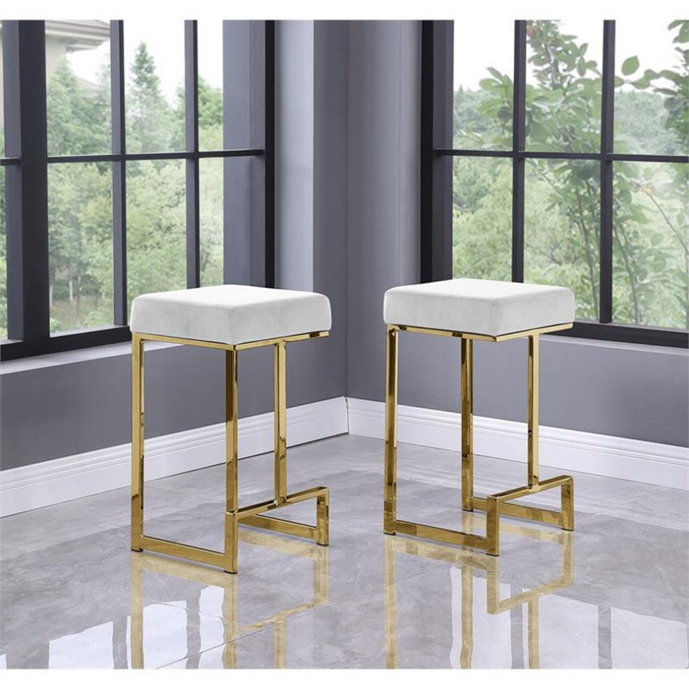Pemberly Row Velvet Backless Counter Height Stool in White/Gold (Set of 2)