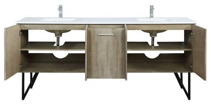 Lancy Modern 80" Rustic Acacia Double Sink Bathroom Vanity, Labaro Brushed Nicke