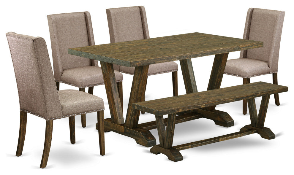 6-Piece Table Set, Dark Khaki Seat Chair Chairs, Bench and Top Table, Jacobean