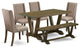 6-Piece Table Set, Dark Khaki Seat Chair Chairs, Bench and Top Table, Jacobean