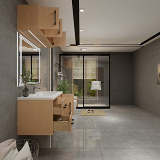 Victoria 36" Solid Wood Bath Vanity, Overhead Cabinet, Yellow Oak