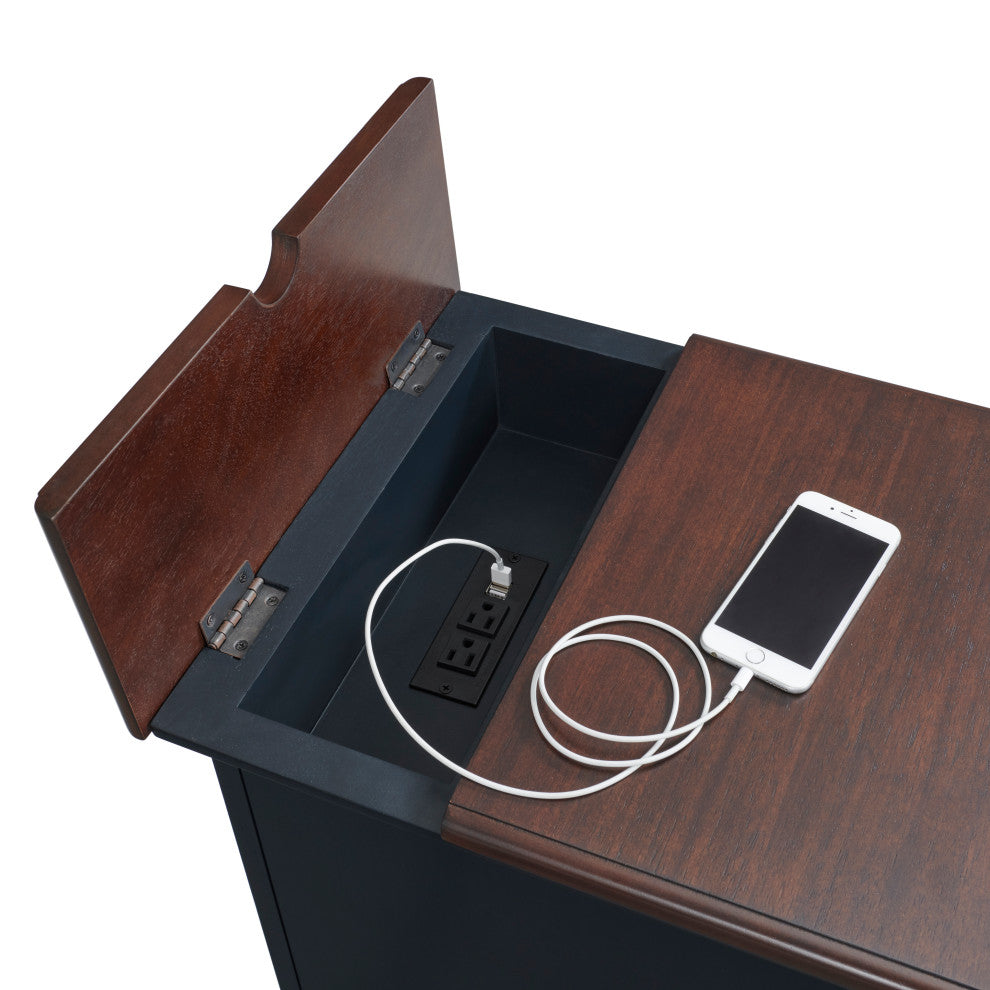 Elegant Chairside Table with Charging Station, Catalina Blue With Walnut Top