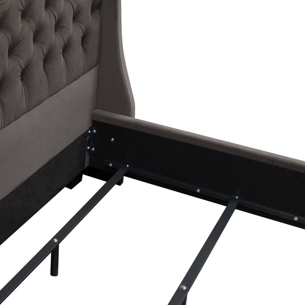 Eastern King Tufted Bed With Vintage Wing, Smoke Gray Velvet