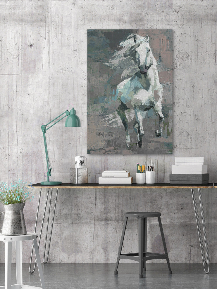 "Running White Horse" Painting Print on Wrapped Canvas, 40"x60"