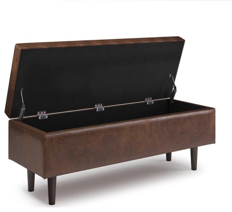 Shay Mid Century Rectangular Storage Ottoman, Distressed Chestnut Brown