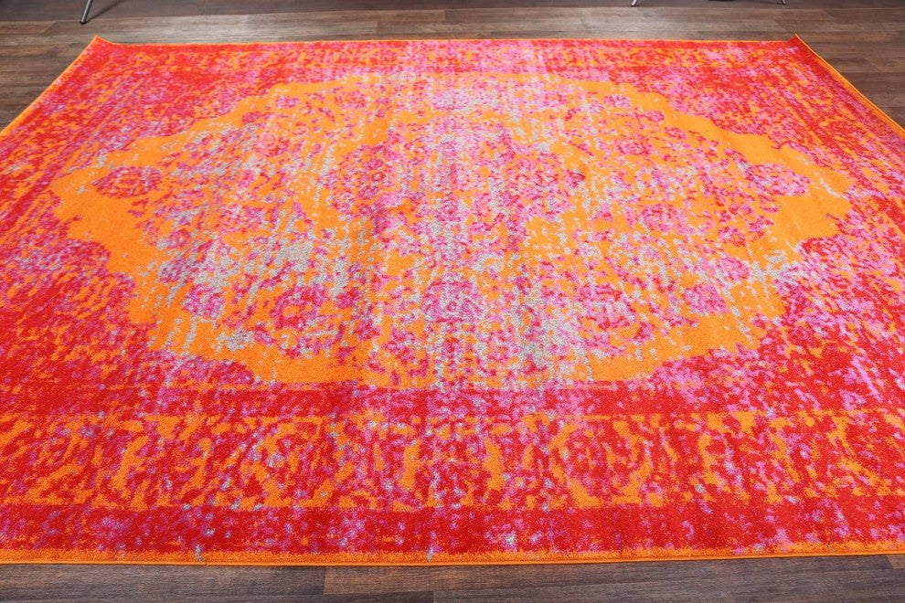 Agra All-Over Machine Made Turkish Oriental Distressed Area Rug Overdyed, Orange