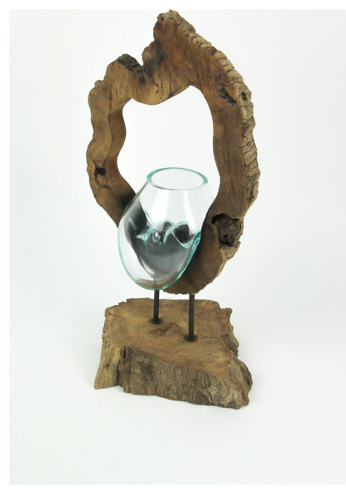 Framed Molten Glass Bowl / Succulent Terrarium On Natural Gamal Root Wooden Bas