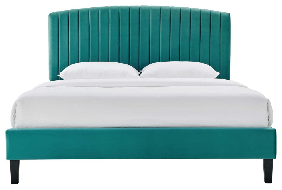 Platform Bed Frame, King Size, Teal Blue, Velvet, Modern, Bedroom Guest Suite