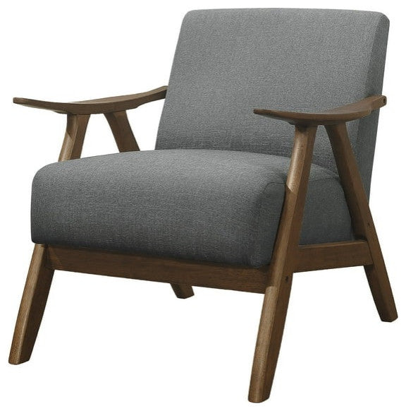 Retro Walnut Accent Chair with Curved Arms and Padded Seat, Gray
