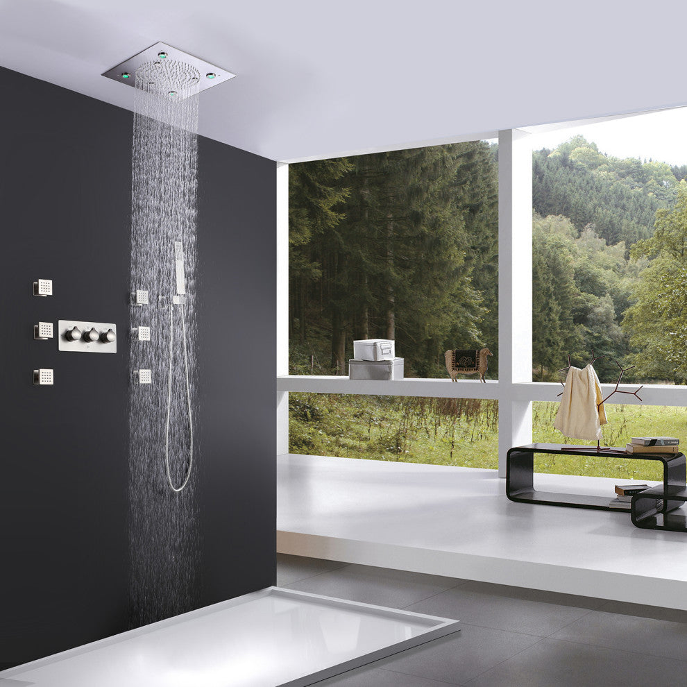 Luxury LED Rain Shower System With Rough-In Valve & 6 Body Jets, Brushed Nickel