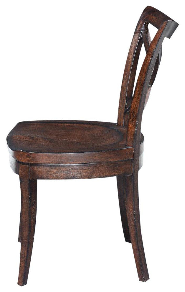 Cafe Side Chair Dining Carved Wood Saddle Seat, Curved X-Back, Dark