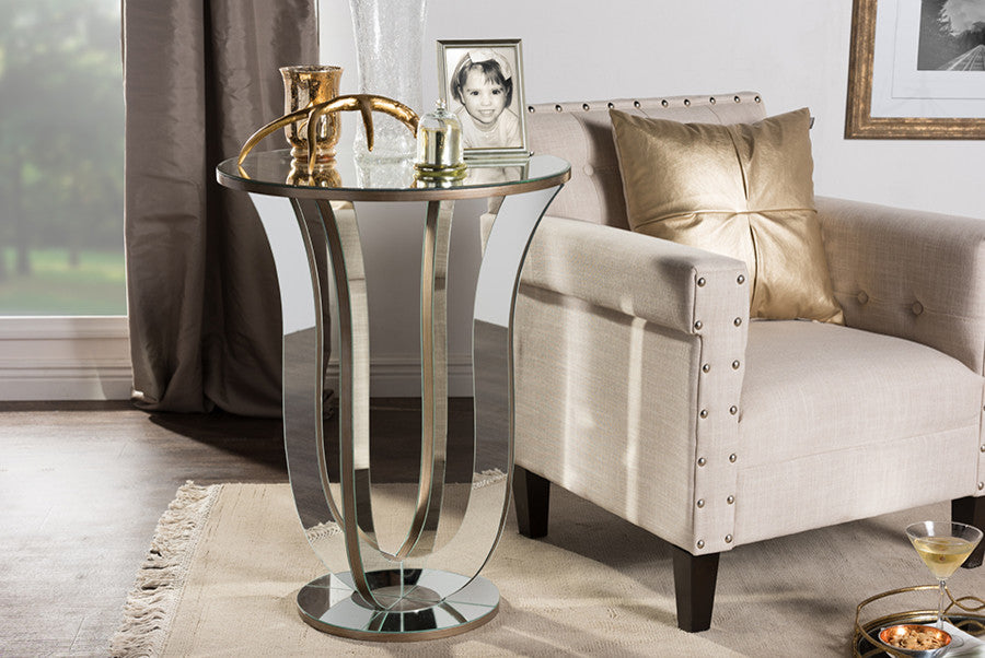 Kylie Hollywood Regency Glamour Mirrored Accent Side Table, Silver Mirrored