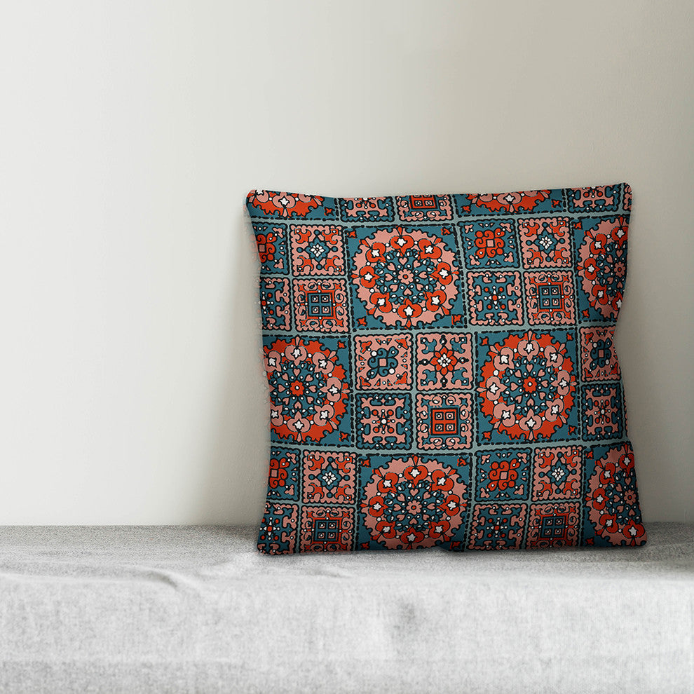 Patchwork Mandala, Blue and Red Throw Pillow Cover, 16"x16"