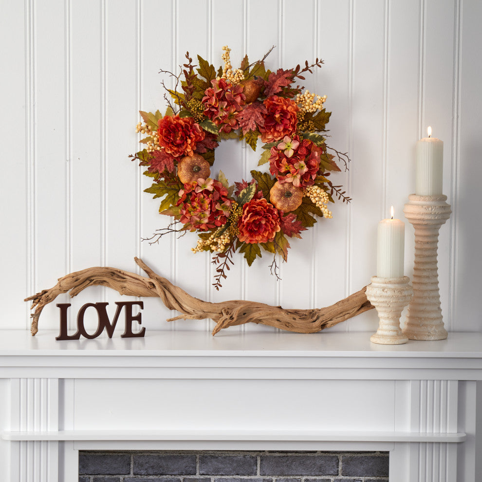 Nearly Natural 24ï¿½ Peony, Hydrangea and Pumpkin Fall Artificial Wreath